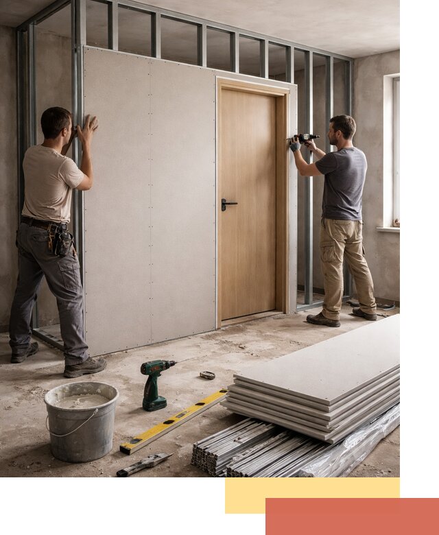 Перегородка из гипсокартона с дверью под ключ в Благовещенске