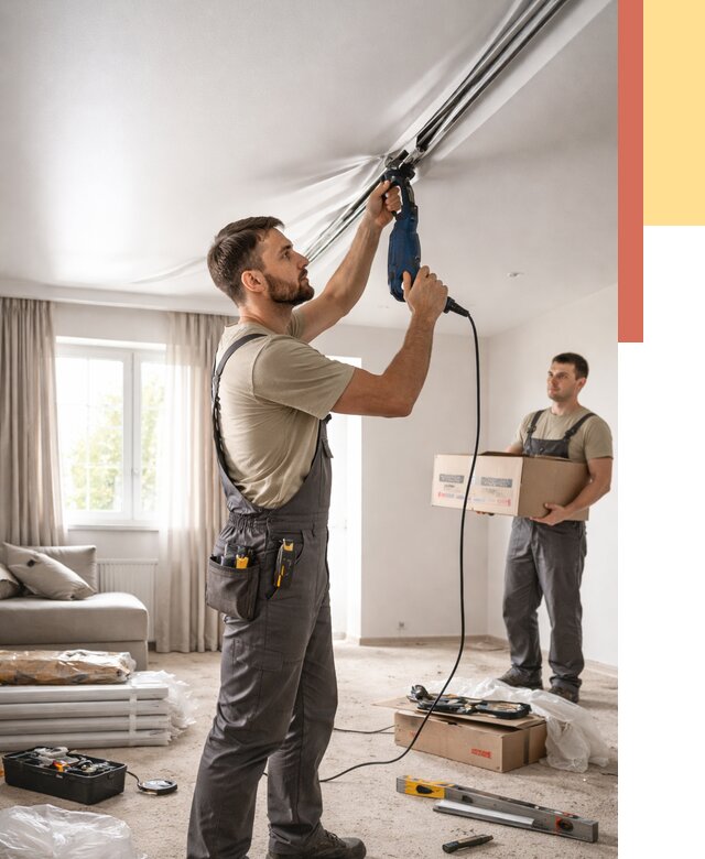 Монтаж сатинового натяжного потолка в Благовещенске от 3555 руб. | Быстро, недорого — ОТДЕЛОЧНИК-Бгн