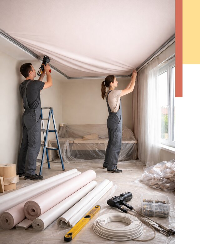 Монтаж цветного натяжного потолка в Благовещенске от 4266 руб/м² — быстро и недорого | ОТДЕЛОЧНИК-Бгн