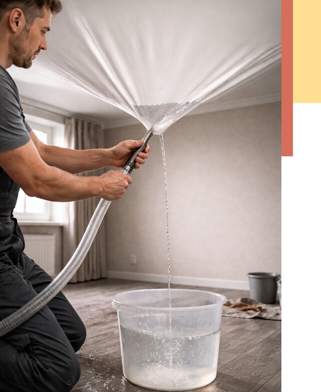 Слив воды с натяжного потолка в Благовещенске от 2539 руб. быстро и недорого | ОТДЕЛОЧНИК-Бгн